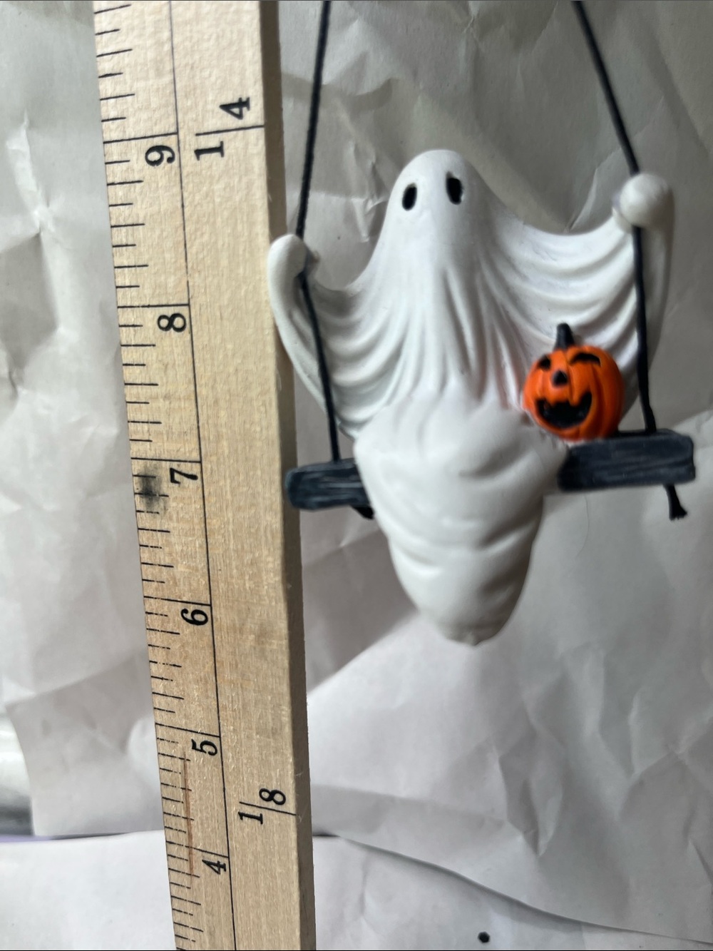 White Ghost Ornament with Orange Pumpkin Accent - Halloween Decor